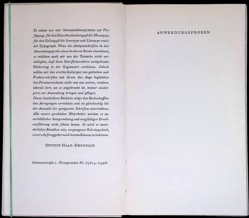 Schrift- und Anwendungsprobe von Werkschriften für den schönen Buchdruck: Monotype, Intertype, Linotype, Typograph. Leipzig: Haag-Drugulin, 1948